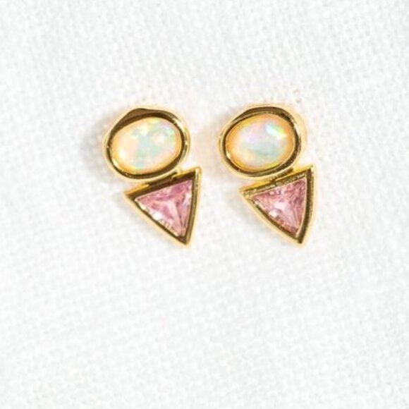 Tiny Stud Earrings Opal and Pink CZ Triangle Opal & Crystal Dainty Studs PRETTY - Picture 1 of 12